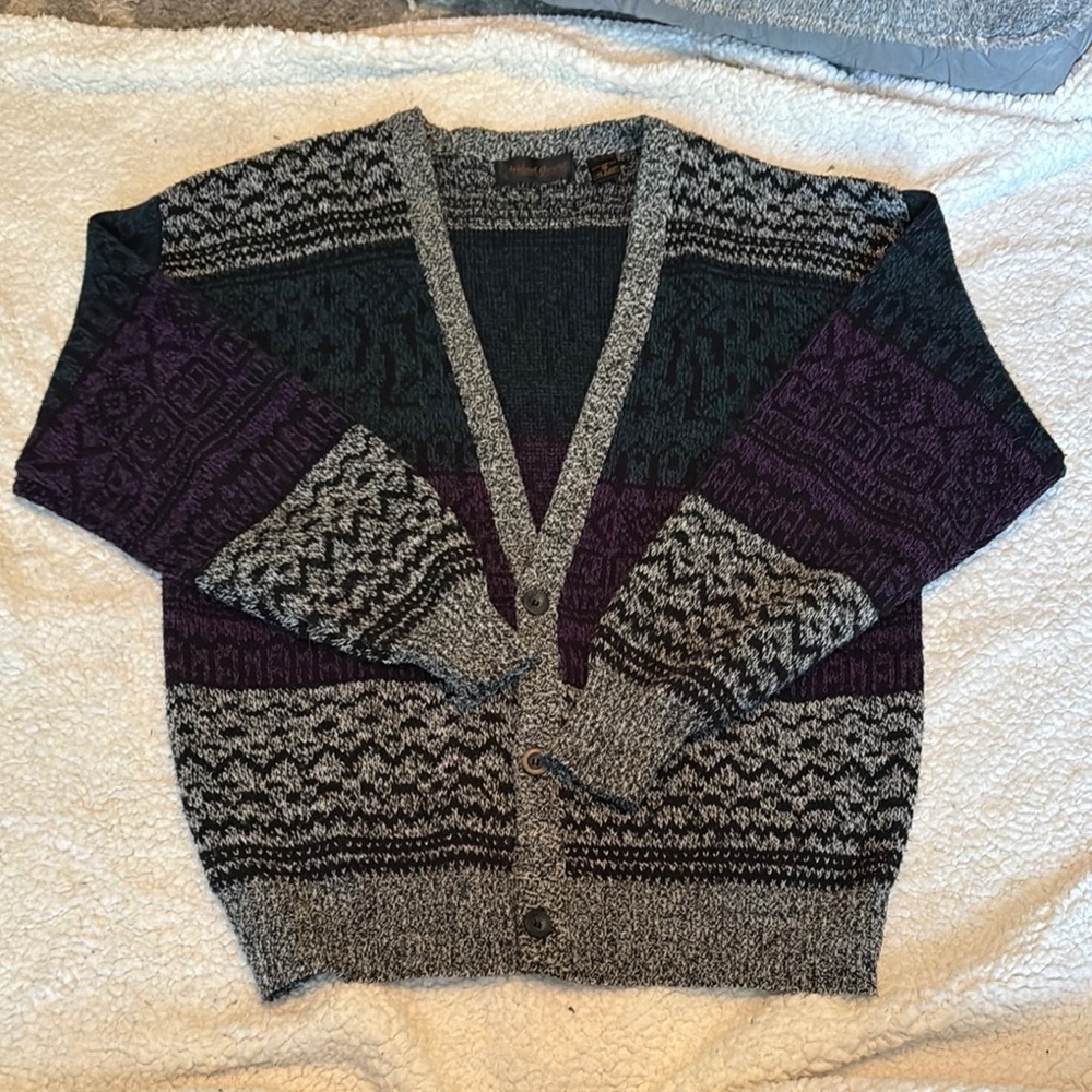 Michael Gerard Vintage Gray and Purple Nordic Boho Cardigan Sweater